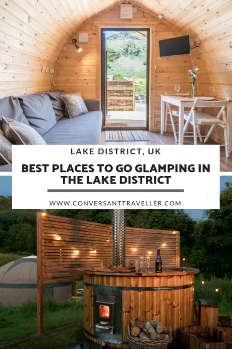 Lake District Glamping Pod interior, and a wooden hot tub with a yurt behind