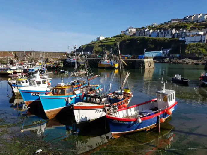 Four colourful fishing boats in a harbour with village buildings in background