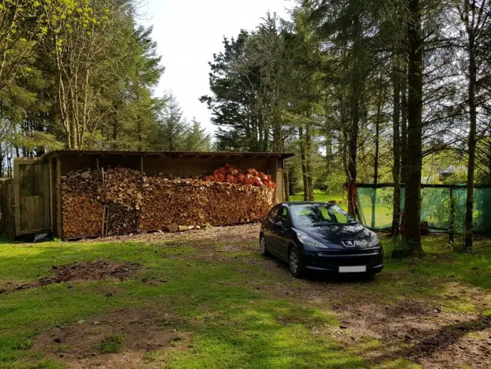 black car in front of a large woodpile in a forest