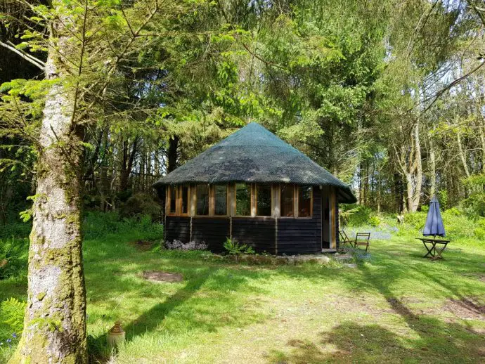 Treehouse on the ground surrounded by woodland