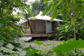 Tented cabin exterior hidden in the woods