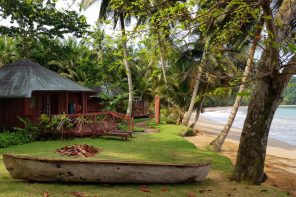 Beach bungalow just meters from the sea with palm trees and a wooden canoe