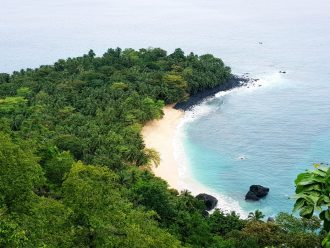 Aerial view of banana shaped beach with rainforest to the left and ocean to the right