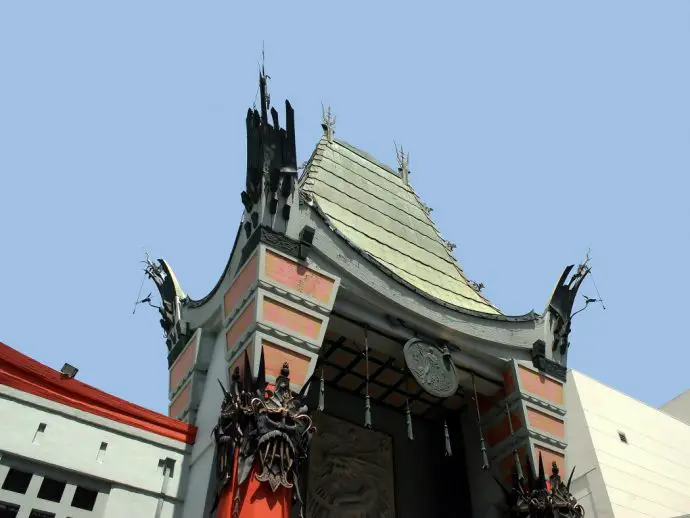 Exotic chinese architecture on a roof of a theatre building