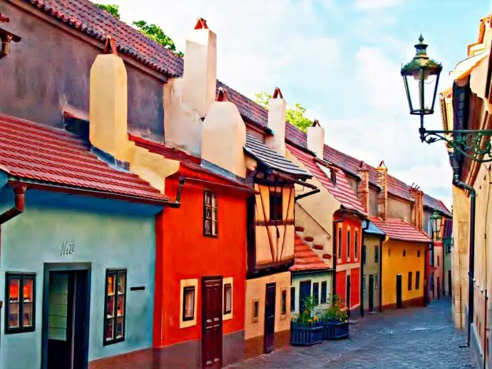 Colourful houses lining a cobbled street