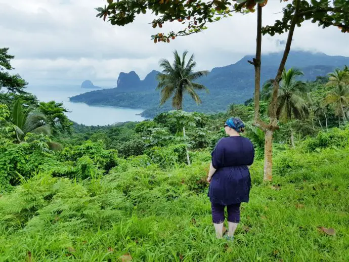 Woman in blue dress looking out to see surrounded by tropical green forest and palm trees