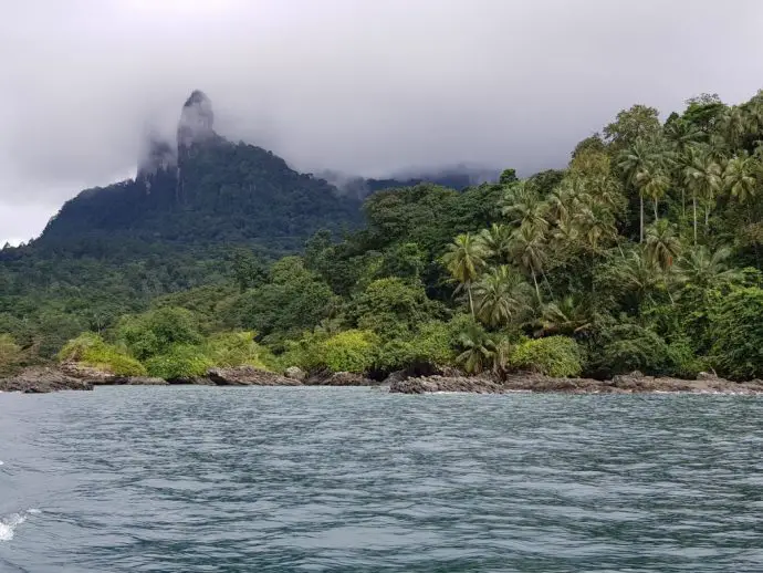 Ocean bay with palm trees on the shore and rocky mountains in the mist - one of the best places to visit in Sao Tome and Principe