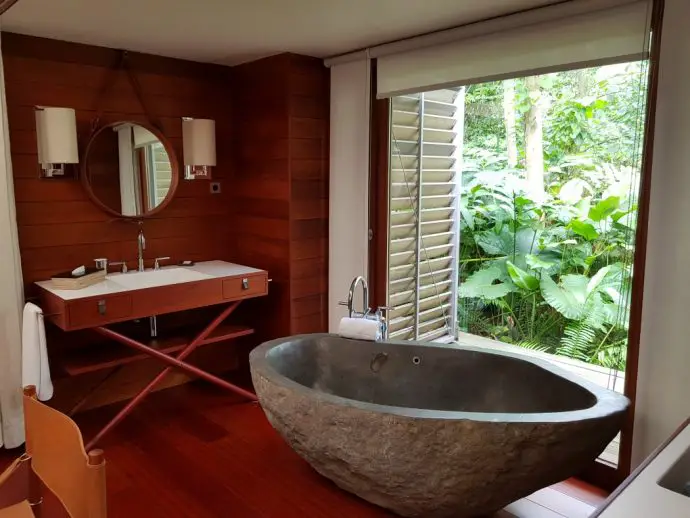 Bathroom in tented villa - Review of Sundy Praia Luxury Beach Lodge on Principe