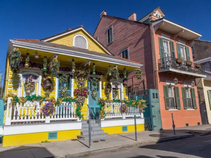 House in French Quarter of New Orleans decorated for Mardi Gras
