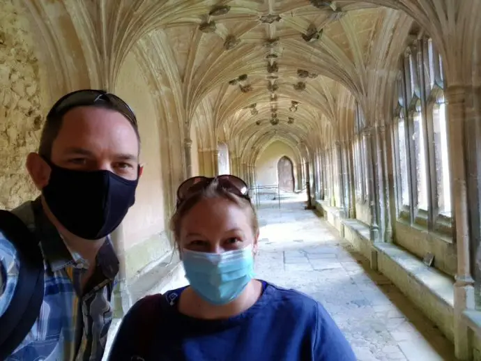 Wearing masks at Lacock Abbey in the Cotswolds