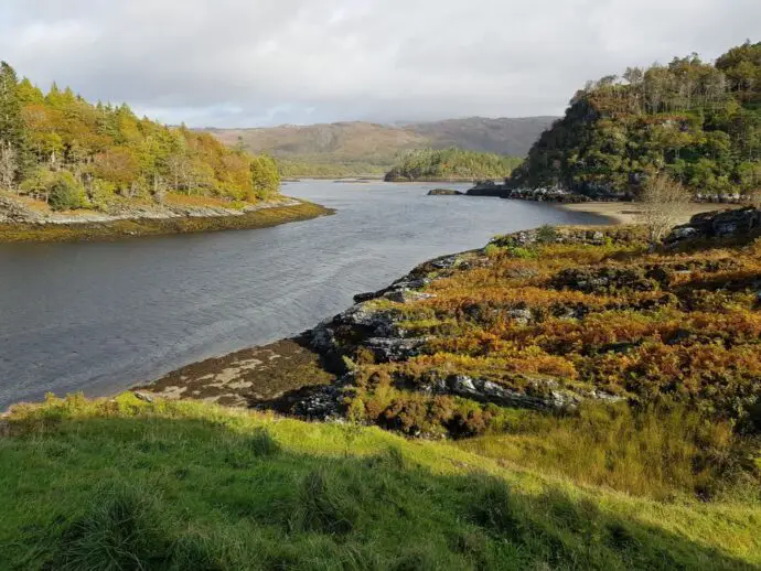 Autumn colours at Castle Tioram overlooking Loch Moidart on the West Highland Peninsulas