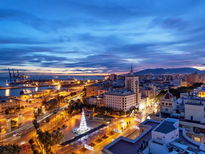 Aerial view of Malaga at Christmas