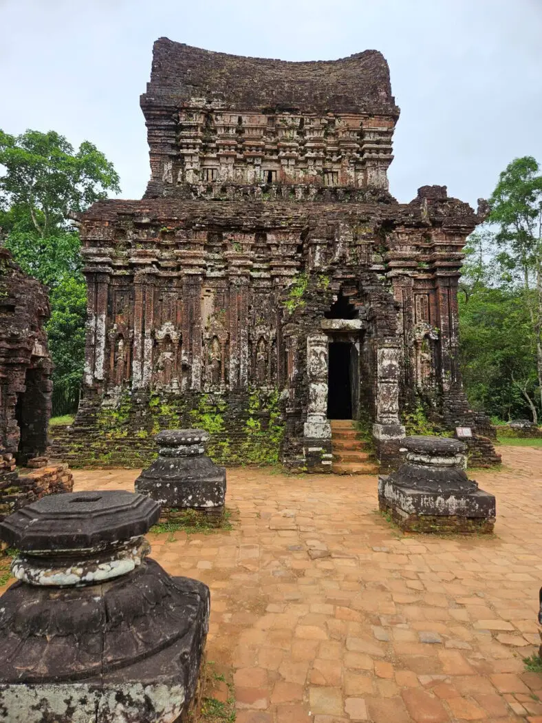 Stone temple ruin in a forest