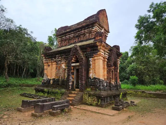 Red brick temple ruin in a forest