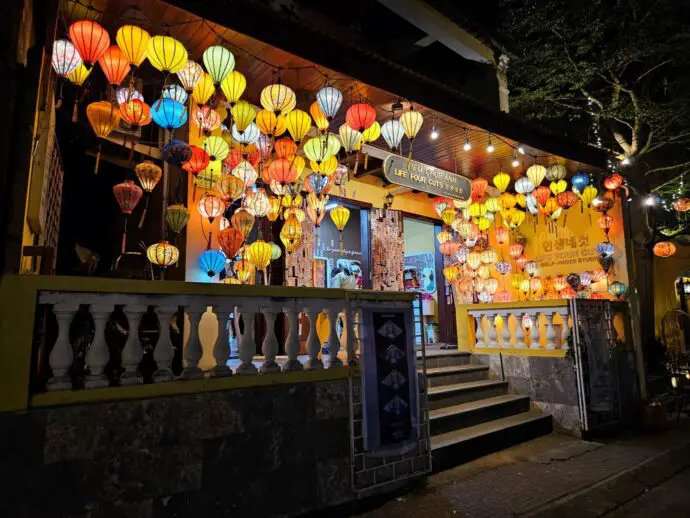 Shop front with lanterns hanging outside