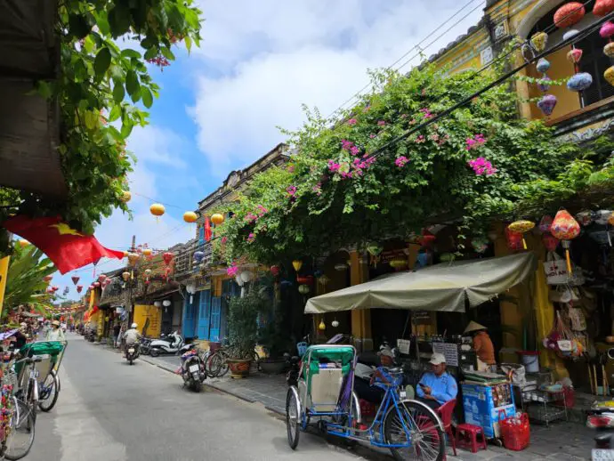 Street in an old town with foliage hanging over a shop front