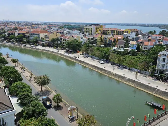 City rooftop views with a river in the foreground