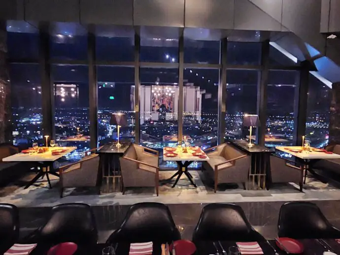 Restaurant lit up at night