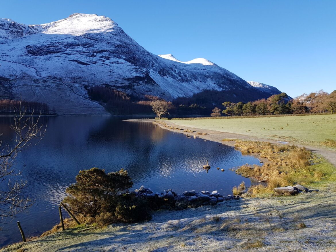 Lake surrounded by snow capped mountains