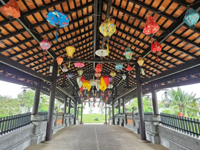 Covered bridge with lanterns at Banyan Tree Lang Co in Vietnam